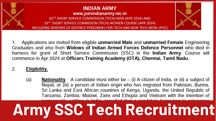 Army SSC Tech 2023 62nd Men and 33rd Women Recruitment Apply Online