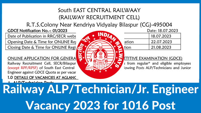 Railway Vacancy 2023 Notification for 1016 Post ALP/Technician/ Jr. Engineer