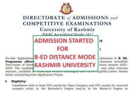 Online Applications for admission in B.Ed. Programme in Kashmir University