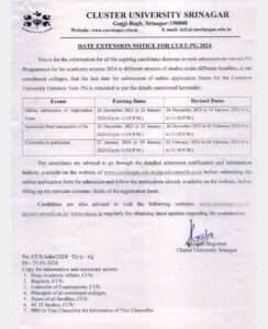 Cluster University Srinagar- Date EXTENSION NOTICE FOR CUET-PG 2024