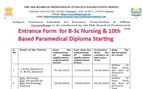 Entrance Forms for Bsc Nursing and 10th based Paramedical Diploma