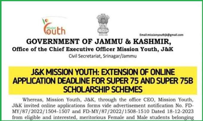 J&K Mission Youth# Extension of Application Deadline for Super 75 and Super 75B Scholarship Scheme