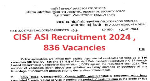 CISF ASI Recruitment 2024 , 836 Vacancies, Check Eligibility