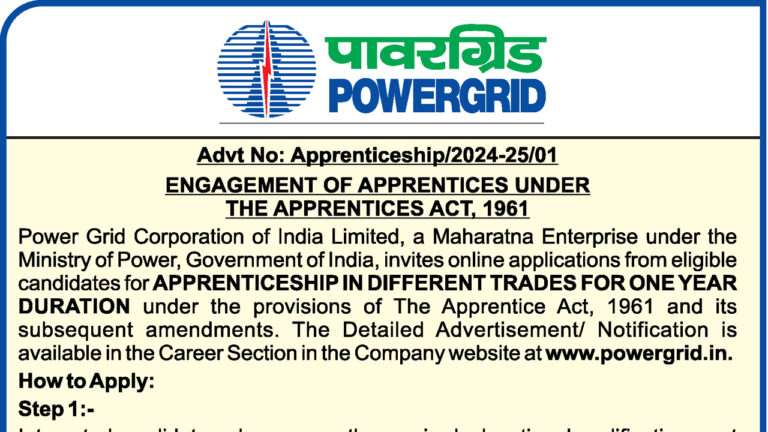 POWERGRID INDIA APPRENTICESHIP ADVT NO. Apprenticeship/2024-25/01